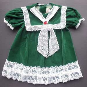 Vintage Little Precious Dress 18M Green Velvet White Lace USA Made 80s Holiday